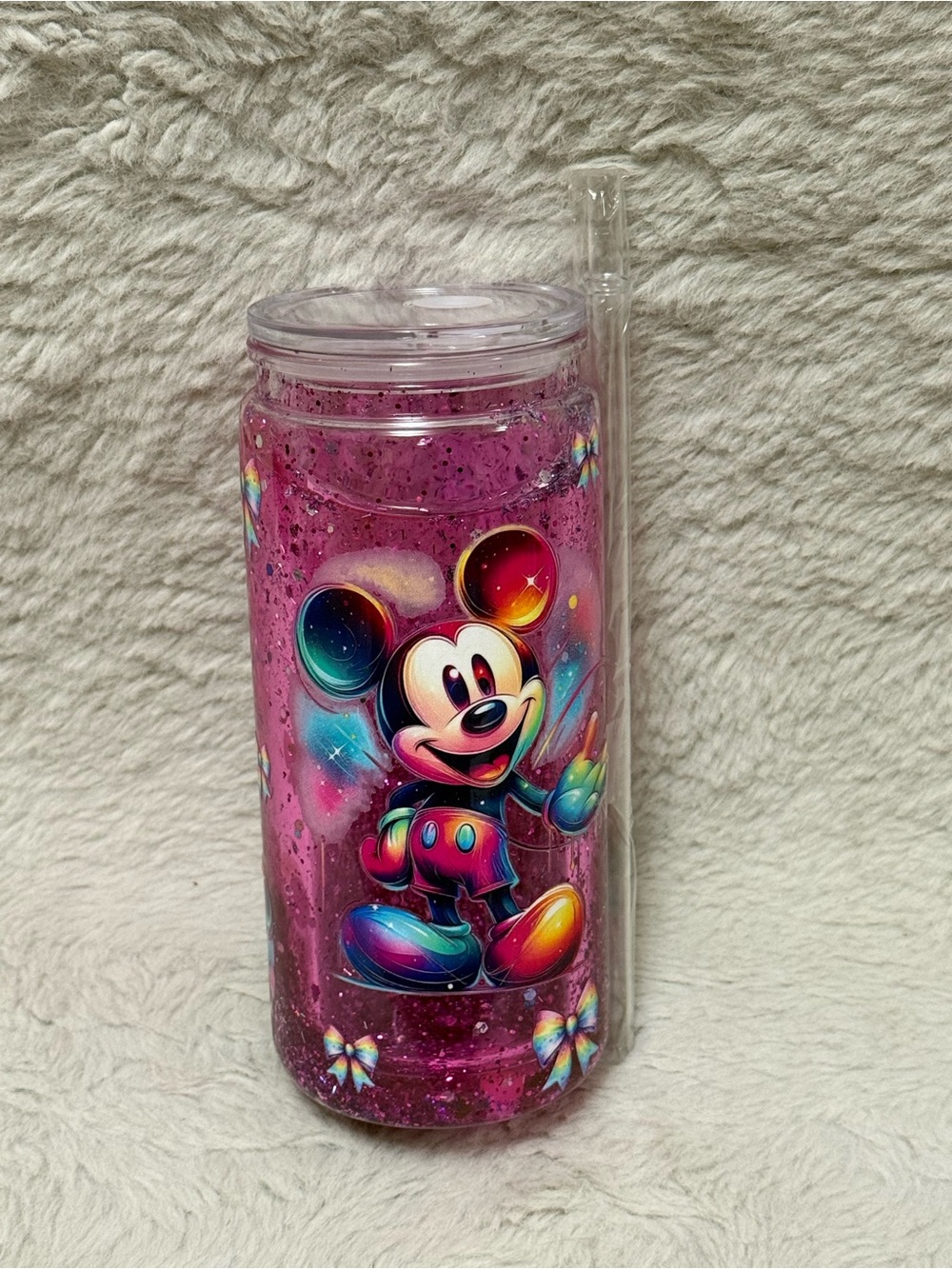 Glitter Double-Wall Tumbler with Straw - Pink Disney Character Design